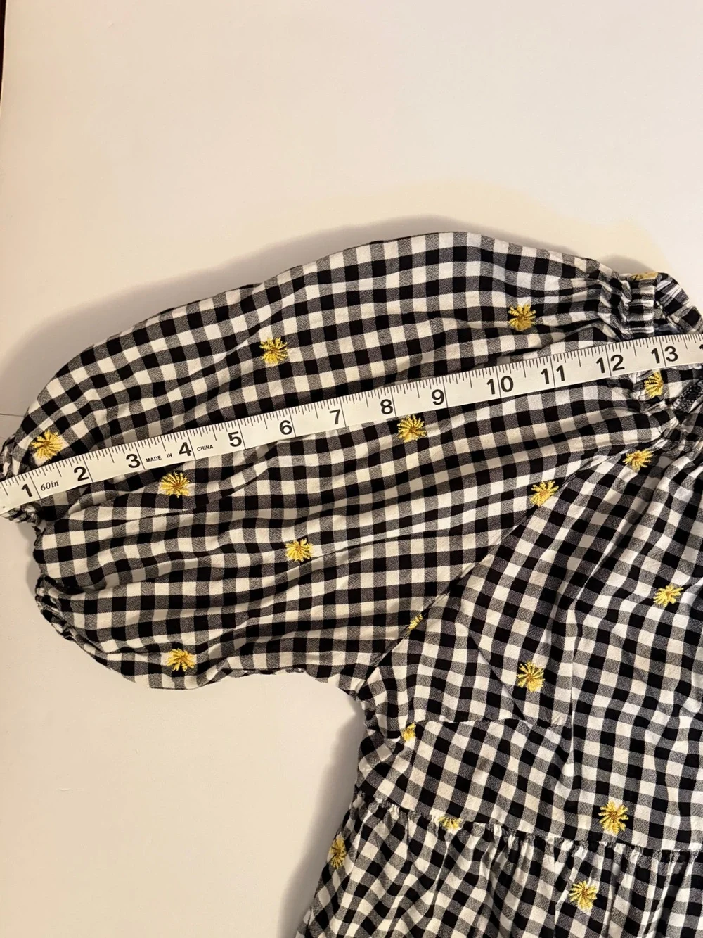 Old Navy Black-and-White Gingham Puff Sleeve Top with Yellow Embroidery